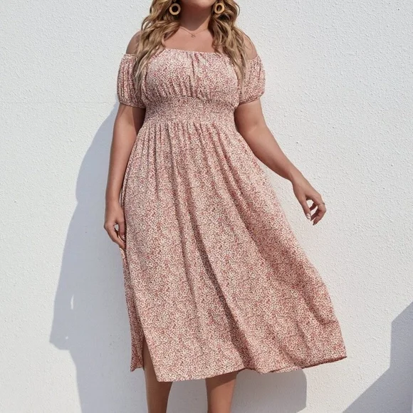 Boho Plus Floral Print Off Shoulder Slit Maxi Dress - Picture 3 of 5